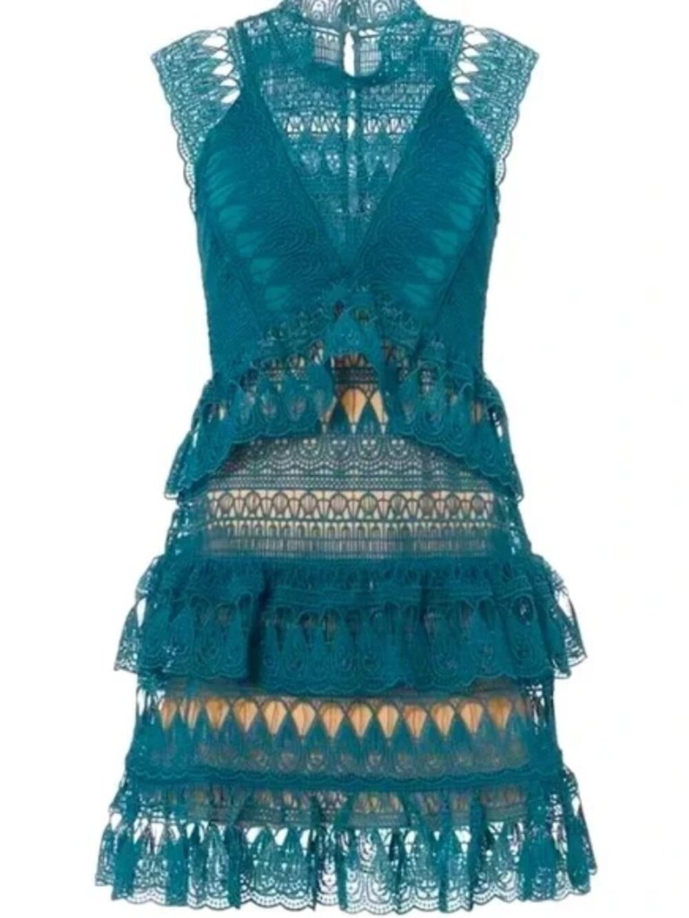 Self-Portrait Teardrop Guipure Tiered Lace Turquoise Teal BOHO Embroidery Dress
